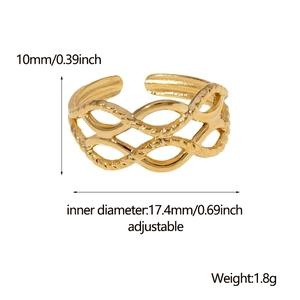 Detail of adjustable hollow woven ring showing 10mm height and 17.4mm diameter size details