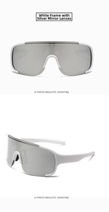 Detail of white frame sports cycling sunglasses with silver mirrored protective lenses
