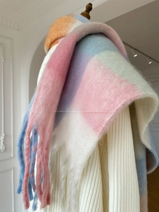 Detail showing soft mohair texture and pastel gradient plaid pattern with long tassels