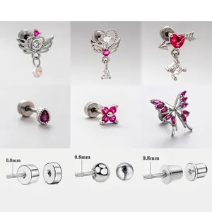 Stainless Steel Cartilage Stud Earrings Rose Red Zircon Heart Butterfly Clover Unique Dainty Piercing Jewelry For Women