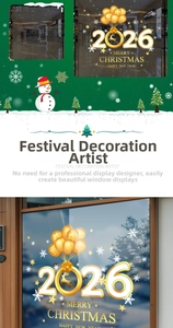 Detail of 2026 gold reindeer and balloon window stickers for festive shop display
