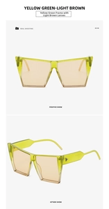 Detail view of fluorescent yellow cat-eye sunglasses with light brown lenses and metal rivets