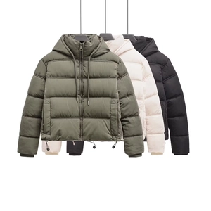 Women Short Hooded Puffer Jacket Quilted Cotton Padded Coat Casual Zip Up Outerwear With Drawstring Hem And Hood
