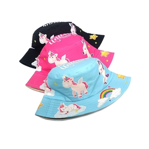 Kids unicorn pattern bucket hats in black, pink and light blue colors for sun protection