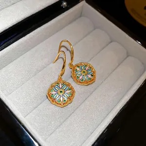 French vintage floral drop earrings with gold plating and colorful enamel petals