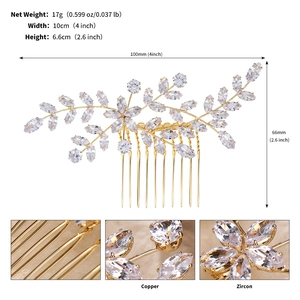 Dettagli del pettine per capelli da sposa a foglia con zirconi e dimensioni 10x6,6 cm