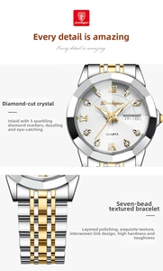 Detail of quartz watch with diamond markers, dual calendar, and two-tone steel strap