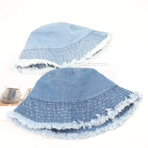 Frayed edge denim bucket hats in light and medium blue wash for sun protection