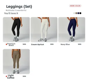 Detail view of high-waist yoga leggings in black, cream, navy, and light brown colors