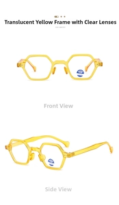 Detail view of hexagonal transparent yellow glasses with blue light blocking lenses