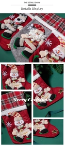 Close-up of 3D Santa, snowman and bear characters on festive plaid Christmas stockings