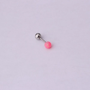 Detail view of pink opal screw-on barbell earring with polished silver surgical steel ball