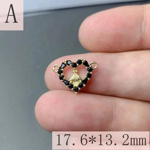 Golden heart pendant with Virgin Mary crown and black zircon stones, 17.6x13.2mm size