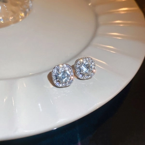 Elegant geometric square halo stud earrings with sparkling silver cubic zirconia for women