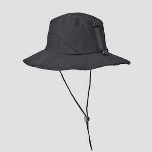 Detail of black nylon sun hat featuring adjustable drawstring and water-repellent texture