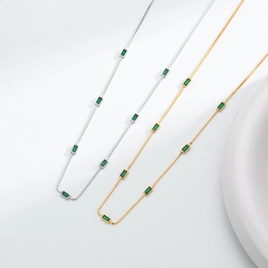 Elegant S925 silver and gold emerald necklaces with rectangle cut green zircon stones