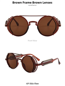 Steampunk round sunglasses with tea-colored lenses and industrial spring metal temples