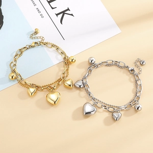 Layered Heart Pendant Bracelet Stainless Steel Gold Plated Adjustable Link Ball Chain Jewelry For Women
