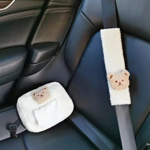 Plush bear car tissue box and seat belt cover set in white sherpa fleece on leather seats
