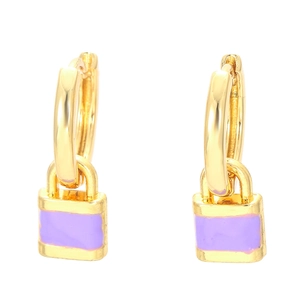 Fashion gold hoops with light purple lock pendants in minimalist polished finish