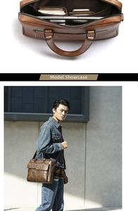 Brown vintage leather briefcase with laptop compartment and adjustable shoulder strap