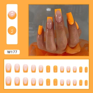 Detail view of 24pcs orange French ballet press-on nails set with W177 model number.
