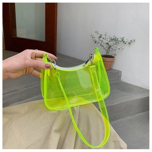Detail of neon green transparent PVC jelly shoulder bag with silver metal fastener buckle