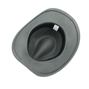 Grey western cowboy wool hat with inner lining and size label shown from a top-down view