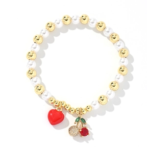 Fashion beaded bracelet with gold beads, pearls, red heart and cherry pendants