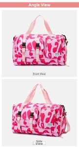 Pink leopard print travel bag featuring multiple storage pockets and adjustable strap