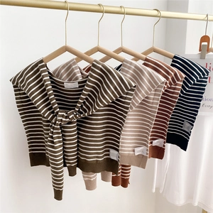 Women's knitted striped shawl with tie-front detail in five different versatile colors