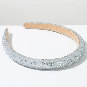 Detailed close-up of a glittering silver sponge headband with soft non-slip velvet lining