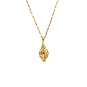 Elegant gold titanium steel leaf pendant necklace featuring shimmering white zircon stones