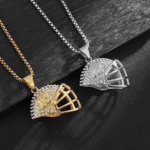 American Football Helmet Pendant Necklace Stainless Steel Rhinestone Inlaid Hip Hop Sports Jewelry