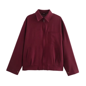 Classic burgundy men's zip-up jacket with lapel collar and front pockets on white background