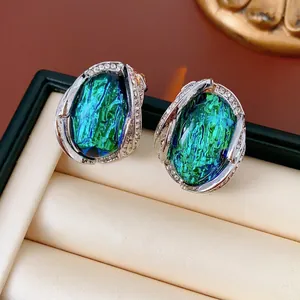 Vintage Oval Iridescent Resin Stud Earrings With Rhinestones And Silver Earring Post Retro Statement Jewelry For Women