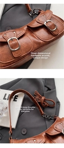 Detail view of vintage brown oiled leather bag showing metal buckles and dual front pockets