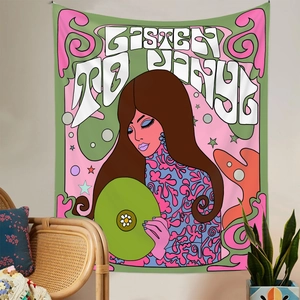 Detailed retro psychedelic wall tapestry featuring Listen to Vinyl woman art for room decor