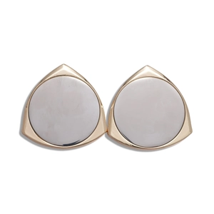 Minimalist 14K gold plated triangle earrings with grey circular inlay on white background
