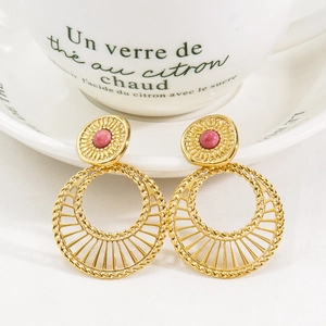 Bohemian gold stainless steel earrings with pink gemstone and large hollow round pendants