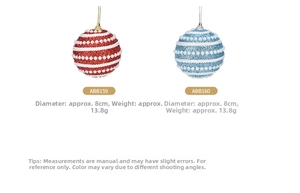Detail of red and blue striped Christmas ornaments with pearl inlay and glitter finish