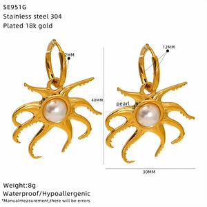Detailed size specifications for gold octopus earrings with pearls and 18K plating