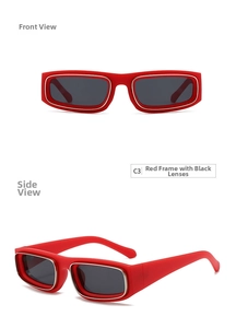 Detailed front and side views of red rectangular sunglasses with silver metal inlay