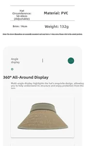 Detail view of adjustable beige straw sun visor with specifications and 14cm wide brim