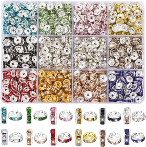 Macro shot of 12 colors of round rhinestone spacer beads for jewelry making DIY kits