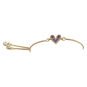 Adjustable gold heart bracelet with purple cubic zirconia stones on a white background
