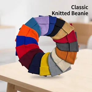 Knitted Beanie Hat Acrylic Polyester Solid Color Warm Winter Cuffed Rolled Edge Skull Cap Unisex Elastic Simple Casual