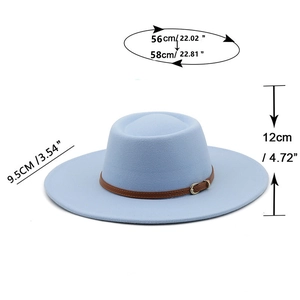 Light blue wool fedora with brown leather strap and dimensions of 9.5cm brim width