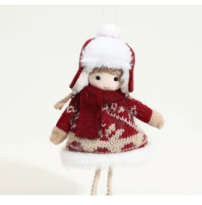 Detail of plush Christmas doll in red knit sweater and hat for tree decoration