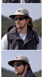 Detail of khaki sun hat featuring breathable mesh vents and a wide protective neck flap